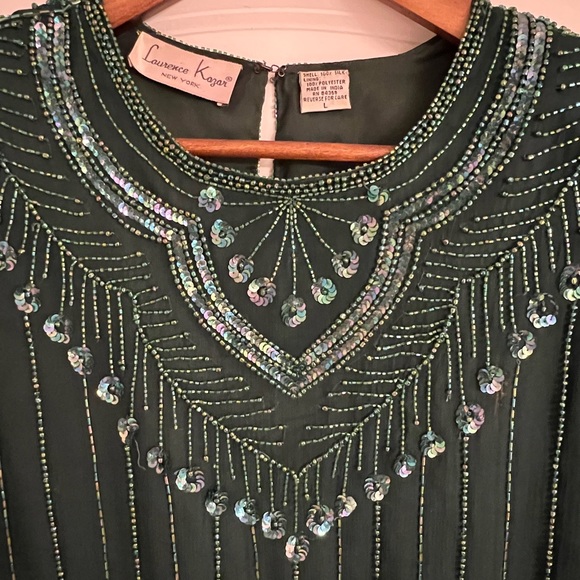 Vintage 1980s Laurence Kazar Emerald Green Beaded & Sequins Silk Top - Picture 4 of 7